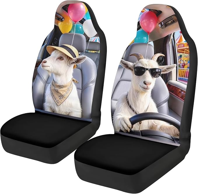 Goat Car Seat Covers Front Seats 2 Pack Funny Automobile Front Seat Covers Stretch Polyester Fabric Cover Auto Interior Accessories Universal Fit for Cars SUV Sedans