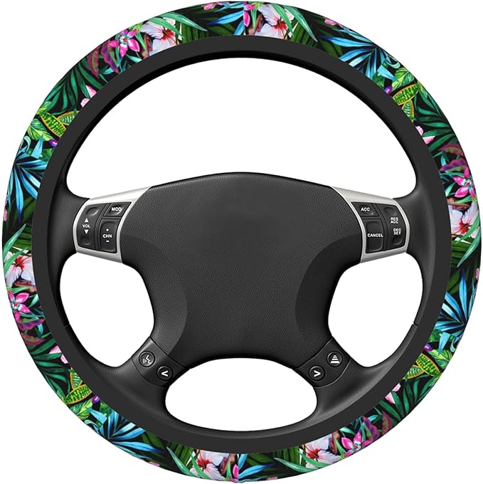 Tropical Car Steering Wheel Cover for Women Frangipani Hibiscus Palms 14-15 Inch Stretch Cloth Anti-Slip Wrap Protector Case Fit Universal Auto Accessories Decor Sweat Absorption (No Tools Needed)