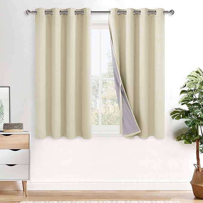 XWZO Total Blackout Curtains 54 Inches Long - Double Layer Full Room Darkening & Energy Efficiency Grommet Window Panels with Tiebacks for Short Windows/Basement, Beige, W52 x L54, Set of 2