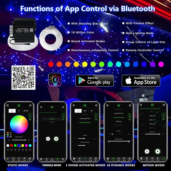 AKEPO 12W Fiber Optic Lights Twinkle+Meteor 2-in-1 APP Control Starlight Headliner Kit, 300pcs*0.03in*9.8ft+240pcs White Shooting Star Music Activated Car Home Optical Fiber Star Ceiling Lights