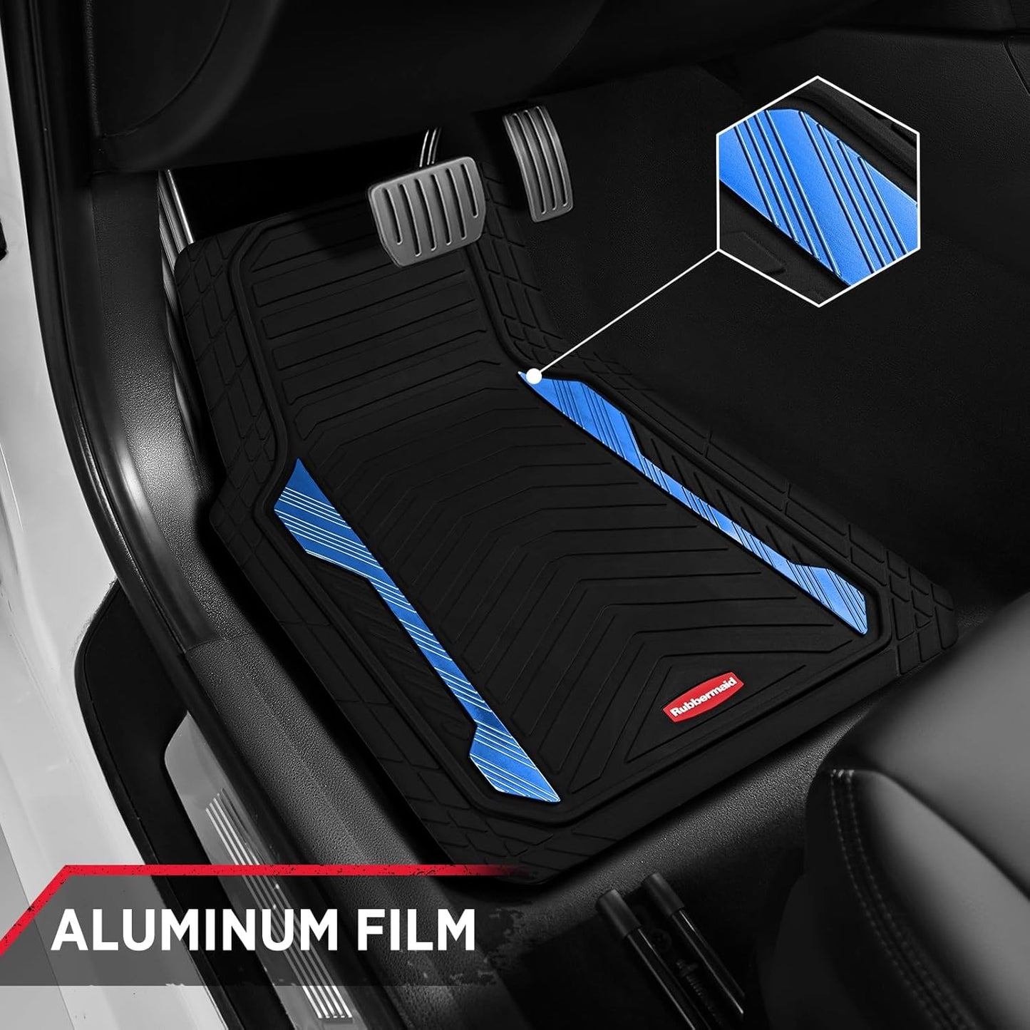 Rubbermaid Car Floor Mat, Heavy Duty All-Weather Car Mats Full Set with Dual-Tone Blue Aluminum Inserts – Universal Fit, Anti-Slip Backing, Trim-to-Fit for Most SUV, Sedan, Van