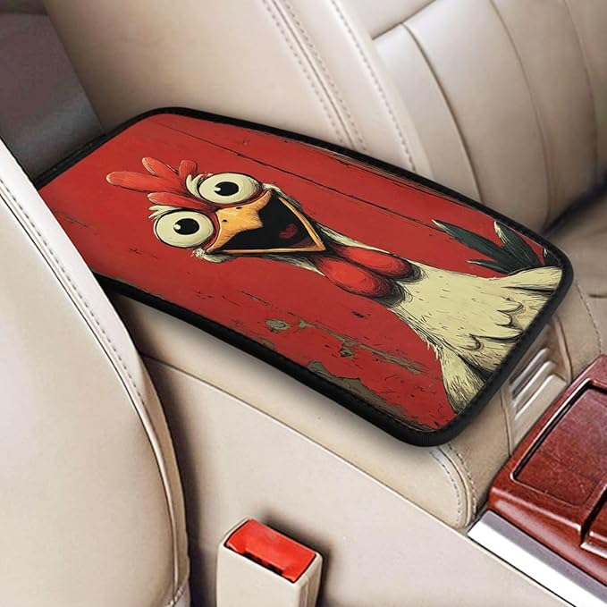 Universal Car Center Console Cushion Pad, Funny Rooster Soft Waterproof Car Center Console Cover Auto Armrest Seat Box Cover Protector for Most Vehicle SUV Truck Car