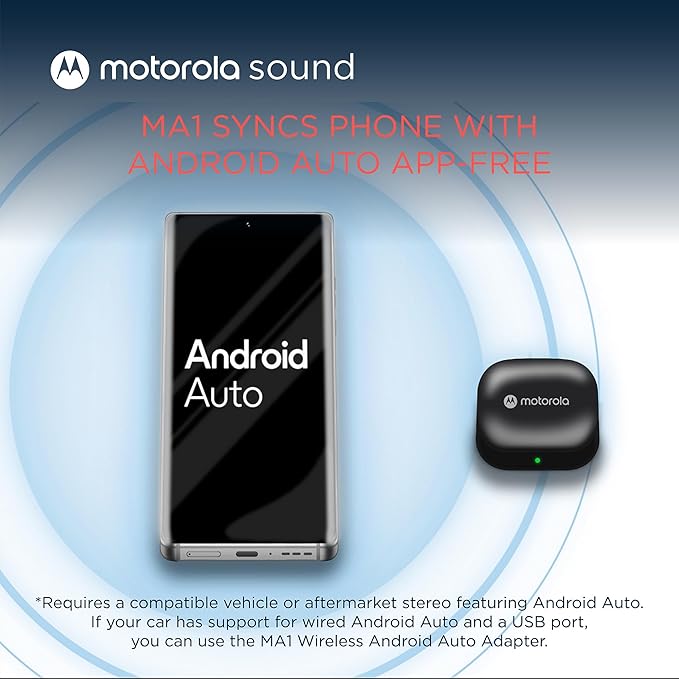 Motorola Sound MA1, the Only Google Authorized Wireless Android Auto Car Adapter, Smartphone to Screen Wireless Bridge Car Accessories, USB Type-A