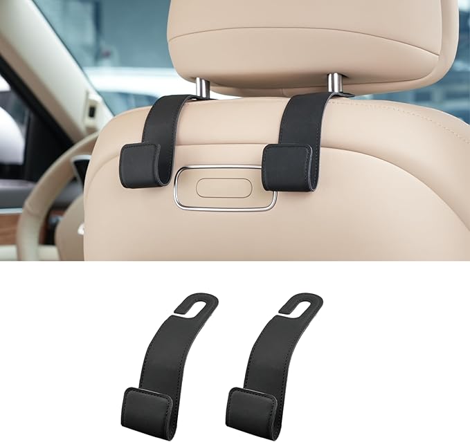 Car Seat Hooks - 2 Pack Upgraded Leather Headrest Hooks for Hanging Purse and Bag, Car Organization Accessories (Black)