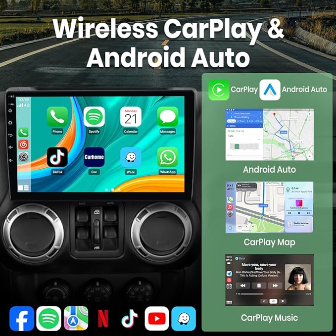 Doreon (4GB+64GB ROM) Car Stereo for Jeep Wrangler JK 2007-2018 Compass Grand Cherokee Dodge Ram 1500, 10.1" Android 15 Radio with Wireless CarPlay Android Auto WiFi GPS BT FM AM SWC Backup Camera