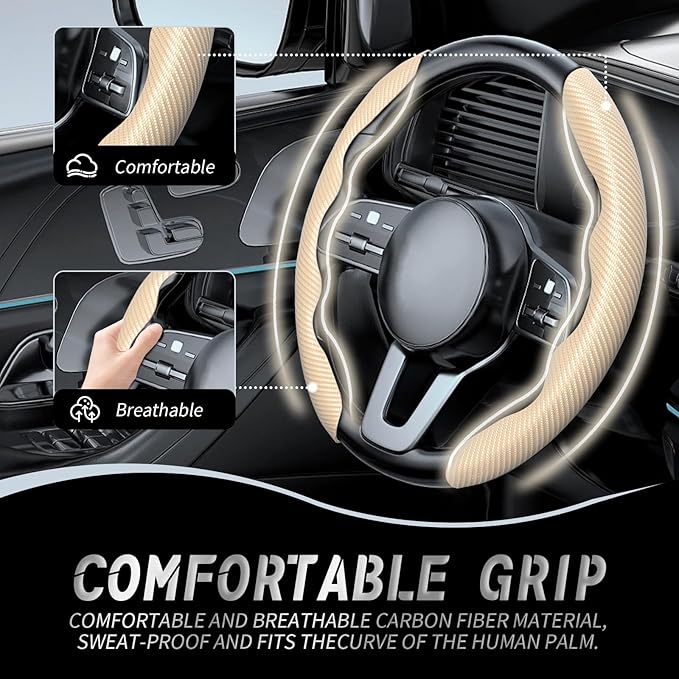 WOCOCN 2pcs Car Steering Wheel Cover,Anti-Skid Carbon Fiber Steering Wheel Protector for Men Women,Multiple Color Options,Universal for Most Car Interiors Accessories (Beige)