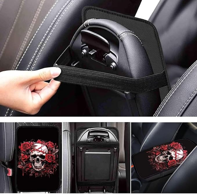 Dreaweet Skull Rose Auto Center Console Pad Car Armrest Seat Box Cover Protector Universal Fit for Most Cars Vehicles Halloween Car Accessories Decorations