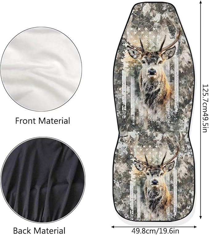 ELEQIN Deer Camo US Flag Car Seat Covers Two Front Only for Car, Automotive Interior Covers, Quick Setup Universal Fit Seat Covers for Car, Truck, SUV