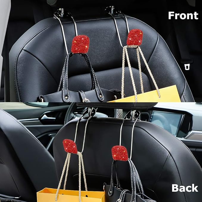 SAVORI Car Headrest Hooks Bling Car Accessories Rhinestones Universal Auto Back Seat Headrest Metal Hanger Organizer Vehicle Holder for Bag Purse Clothes Grocery 2PCS (Red)