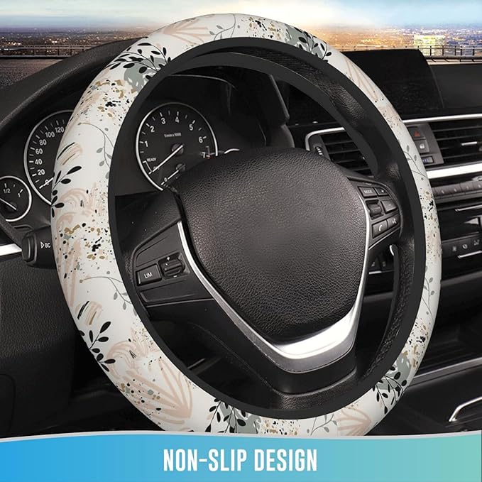 Elastic Steering Wheel Cover Car Accessories Cute Universal 15 Inch Absorbing Sweat Non-Slip Breathable for Man Woman - Boho Leaves