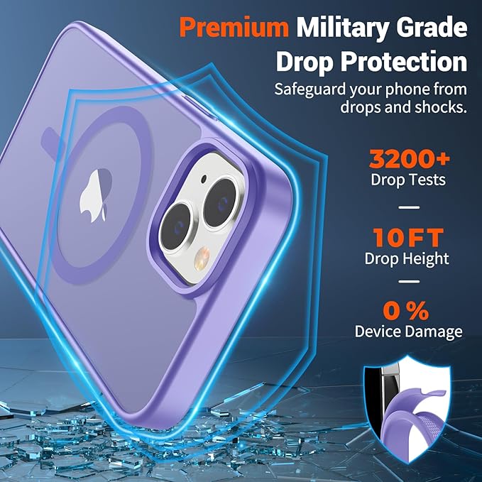 SUPFINE Magnetic for iPhone 15 Case (Compatible with MagSafe) (Military Grade Drop Protection) Slim Translucent Matte Shockproof with Anti-Fingerprint Phone Case, Purple