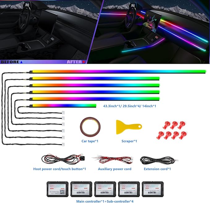 Acrylic Interior Car LED Strip Light with Wireless APP, RGB Dreamcolor 6 in 1 with 175 inches 600 LEDs Fiber Optic Strip Lights for Car, Dynamic Chasing Sound Active Neon Car Ambient Lighting Kits