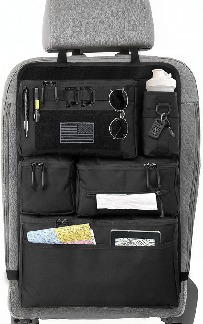 Tactical Seat Back Organizer - Heavy Duty MOLLE Panel Organizer with Multiple Pockets & Hook Loop Panel for EDC Gear, Road Trip Essentials, Universal Fit for Car SUV Truck Jeep Ford(Black)