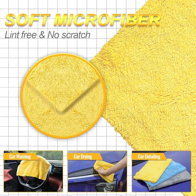 Car Wash Drying Towels, 450gsm Ultra-Thick Absorbent Lint-Free Extra Soft Microfiber Rags for Car Detailing, Interior & Exterior Cleaning Cloths, 16in x 16in - Coral Fleece, Yellow, 12 Packs