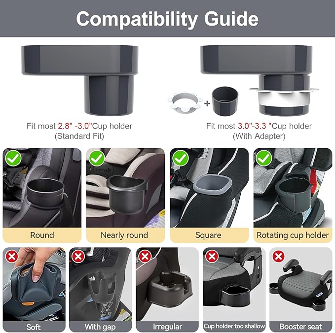 Car Seat Snack Tray for Toddlers - 3 Inch Cup Holder Fits Most Sippy Cups & Straw Bottles with Dip Well, Mess-Free Square Kids Travel Tray Road Trip Essentials, Dark Grey