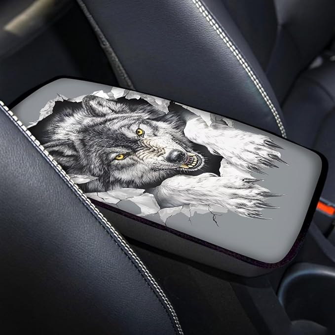 Wolf Print Car Center Console Armrest Cover Pad Universal Decorative Armrest Cover Pad for Truck Sedan SUV, Car Interior Decor Accessories