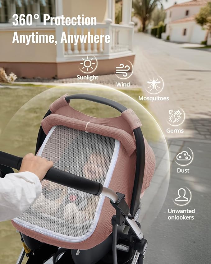 Blissful Diary Baby Car Seat Cover, Extra Large Mesh Window, Breathable Muslin Cotton, Infant Windproof Canopy-Dusty Pink