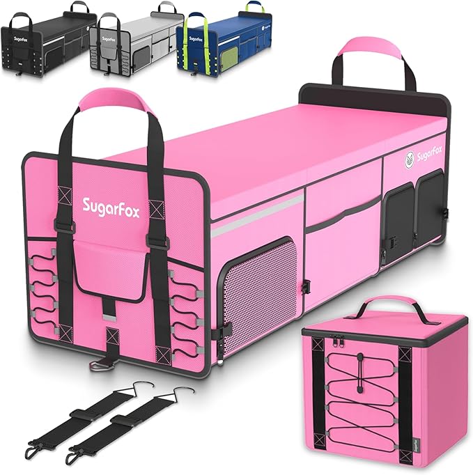 SugarFox Bold Color Block Trunk Organizer | 95L, 35"x13.8"x11.8" | Dedicated Shoe Storage & 26L Ice Pack | Foldable for SUV/Car/Jeep | Stylish Gift & Car Accessories for Men & Women - Pink-X212