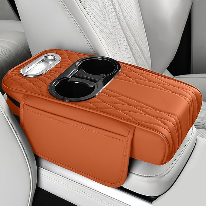 wuyaoyao Car Center Console Armrest Pillow, 13.78"×7.48"×2.56" Leather Arm Rest Cover for Cars, Memory Foam Auto Armrest Cushion Pad with Pocket, Cup Holder & Tissue Box, Car Accessories (Orange)