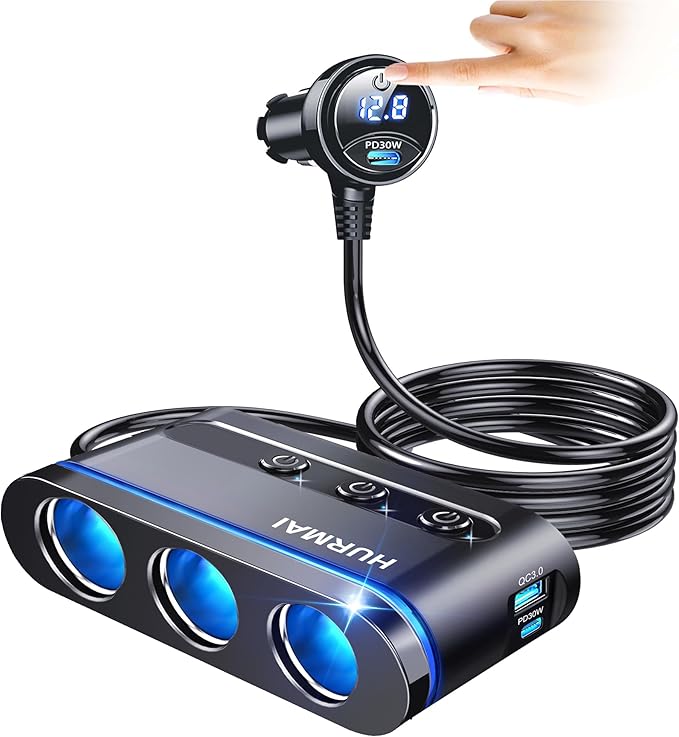 Cigarette Lighter Splitter,3 Socket Cars Cigarette Lighter Adapter,Heavy Duty Truck USB Chager Multi Port with PD30W/QC3.0 USB C 12/24V Car Plug Outlet with LED Voltage Display Independent Switches