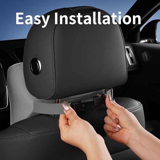 Quintor Genuine Leather Car Neck Pillow,Memory Foam Headrest Cushion, Ergonomic Cervical Support for Tesla Model 3/Y/X, Lexus, BMW- Breathable & All-Season Soft (2 PC)