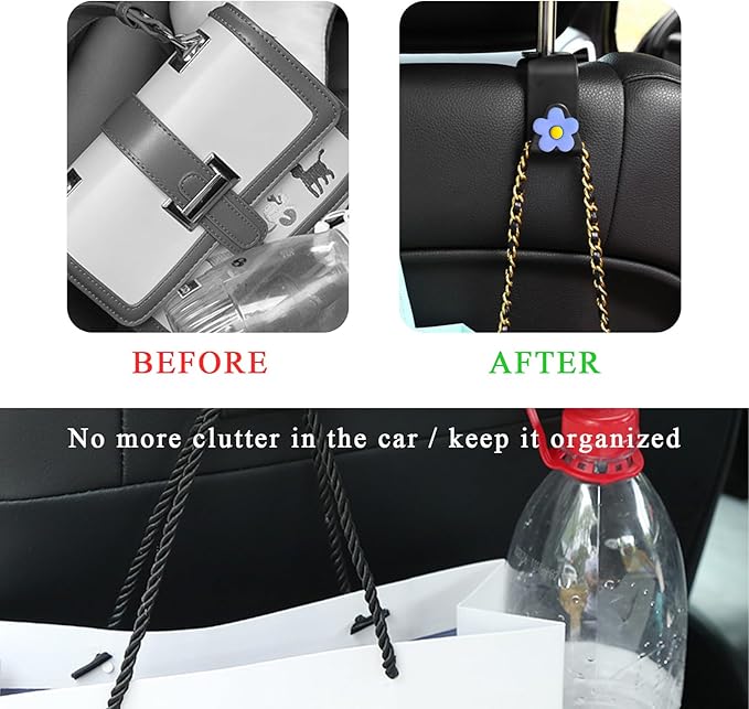 4 PCS Car Seat Headrest Hook, Plastic Headrest Hooks with Adhesive Flower, Auto Back Seat Hanger Storage Hook for Grocery Bag Purse Handbag Umbrella, Car Accessories (Blue)