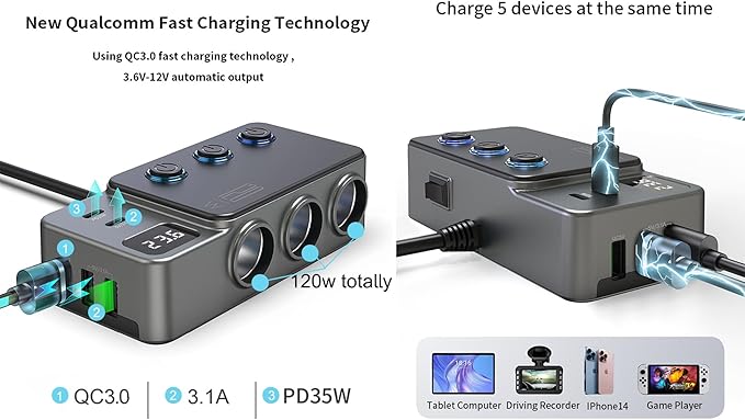 8-in-1 Car Cigarette Lighter Splitter, QC3.0 3 USB Ports & 2 Type-C PD 35W Fast & Safe Charging,3 Sockets with Independent/ Master Switches, Real-Time Voltage Display, Smart Trickle Charging, 12-24V
