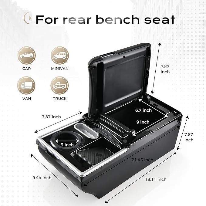 Coverado Center Console, Universal Bench Seat Center Console, Truck Back Seat Car Organizer with Cup Holder, Rear Central Car Armrest Box with Storage, Black