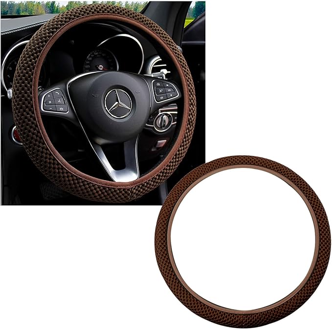 Kewucn Car Elastic Stretch Steering Wheel Cover, Soft Microfiber Breathable Ice Silk, Universal 15 Inch Anti-Slip Auto Steering Wheel Protector, Fit Car, SUV, Van, Sedan, Truck (Brown)