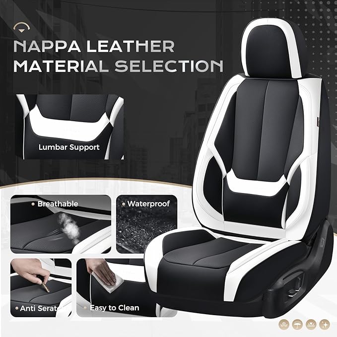 Coverado Seat Covers, Car Seat Covers Full Set, Leather Seat Covers for Cars, Car Seat Protector, Black Car Seat Covers Front Seats and Back Seats Universal Fit for Most Cars White