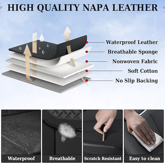 Coverado Car Seat Covers Full Set, Luxury Nappa Leather Seat Cover, Universal Seat Covers for Cars, Front and Back Waterproof Seat Cover Car Seat Protector Fit for Most Cars(Black)