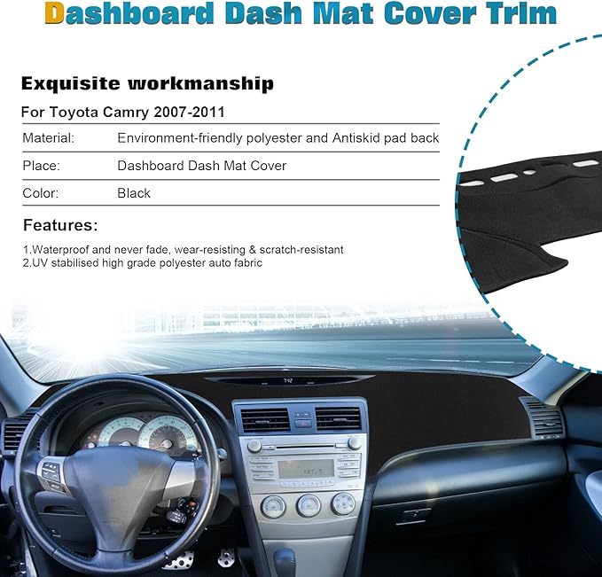 x xotic tech Center Console Dashboard Mat Pre-Cut Non-Slip Sunshield Sun Glare Protector Dash Carpet Pad Black Cover Compatible with Toyota Camry 2007-2011