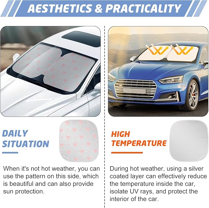 Pink Bow Car Windshield Sun Shade, Foldable UV Protection Window Sunshade with Silver Edging & Storage Pouch, Auto Interior Accessories for Sedan, SUV & Hatchback
