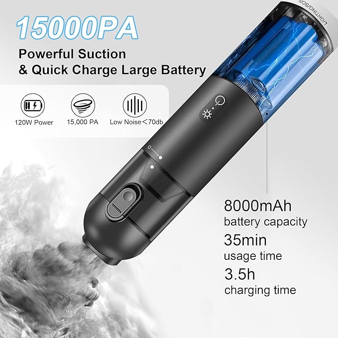 Cordless Handheld Car Vacuum Cleaner - 15000PA Portable Vacuum with LED Light & HEPA Filter, Blow & Suction 2 in 1 Small Hand Held Cleaner for Car Detailing, Pet Hair, Home, Office