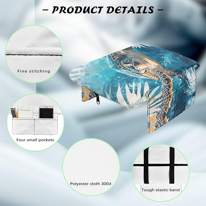 Center Console Armrest Cover for Car, Turtle Print Armrest Cushion Cover Pad with 4 Pockets, Car Accessories Fit for Sedan, Truck, SUV Soft Car Armrest Cover