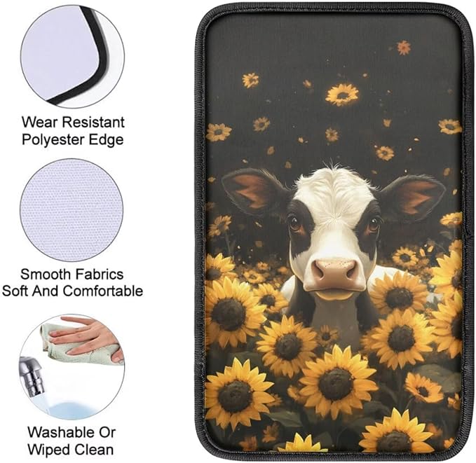 Cow Sunflower Print Armrest Cushion Cover for Car Neoprene Car Center Console Cushion Pad Non Slip Decorative Armrest Seat Box Cover for SUV Truck Sedan