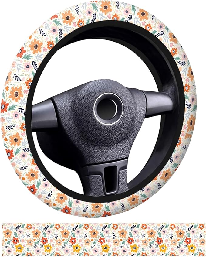 Car Steering Wheel Cover, Universal 15 Inch Neoprene Non-Slip Steering Wheel Covers, Funny Car Accessories for Women Men Fit Auto, Suvs, Truck Colorful Adorable Flowers