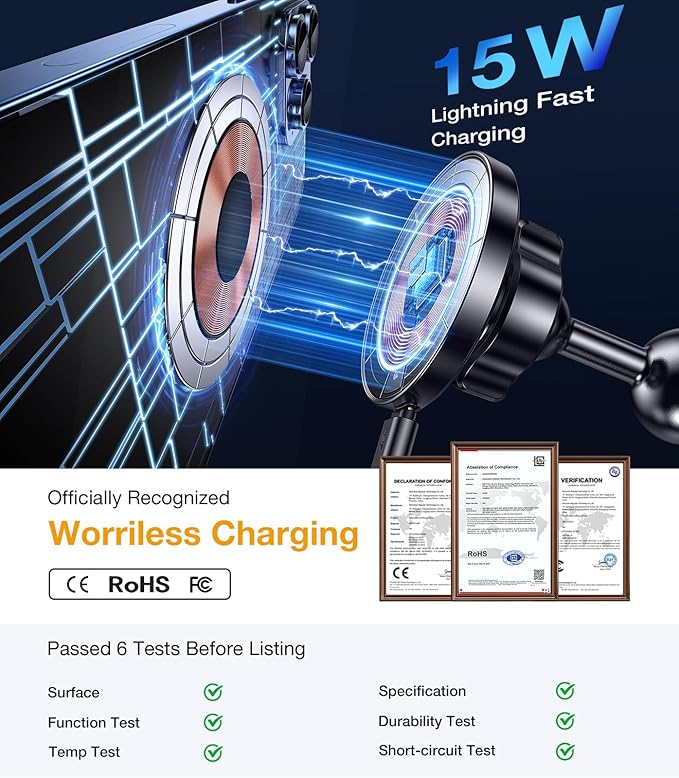 Coolpow for Magsafe Wireless Car Charger Magnetic Wireless Charging Phone Holder with 1”(25mm)Ball Mount【Super Magnet】1 inch Ball Mount for MagSafe Charger Compatible with RAM Mounts Double Socket Arm