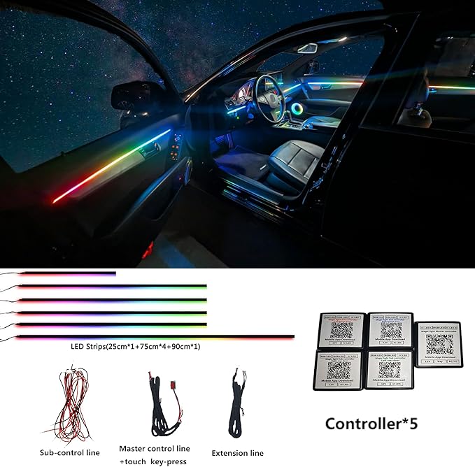 Dreamcolor Acrylic Interior Car LED Strip Light, RGB 6 in 1 Fiber Optic Ambient Lighting Kits, 16 Million Colors Sound Active Function Car Neon Lights with Wireless APP