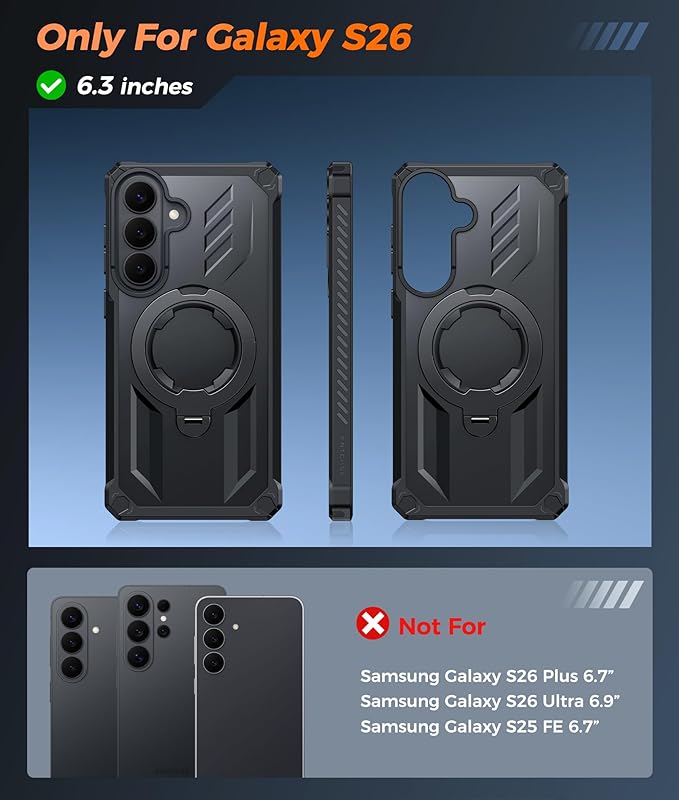 FNTCASE for Samsung Galaxy S26 Case: with [Magnetic Ring Kickstand] [Screen Protector] [Compatible with MagSafe] [Military-Grade Drop Protection] Dual-Layer Protective Textured TPU Phone Cover Black