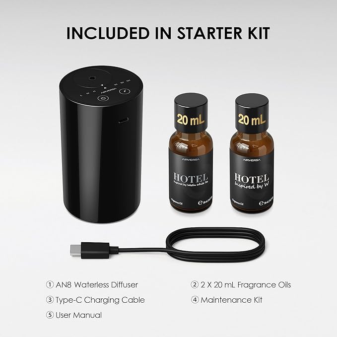 Airversa Waterless Essential Oil Diffuser Starter Kit with 2x20mL Hotel Scent Fragrance Oil for Home Car Room Office, Battery Operated Mini Scent Air Machine Portable Diffuser, AN8Kit-C Black