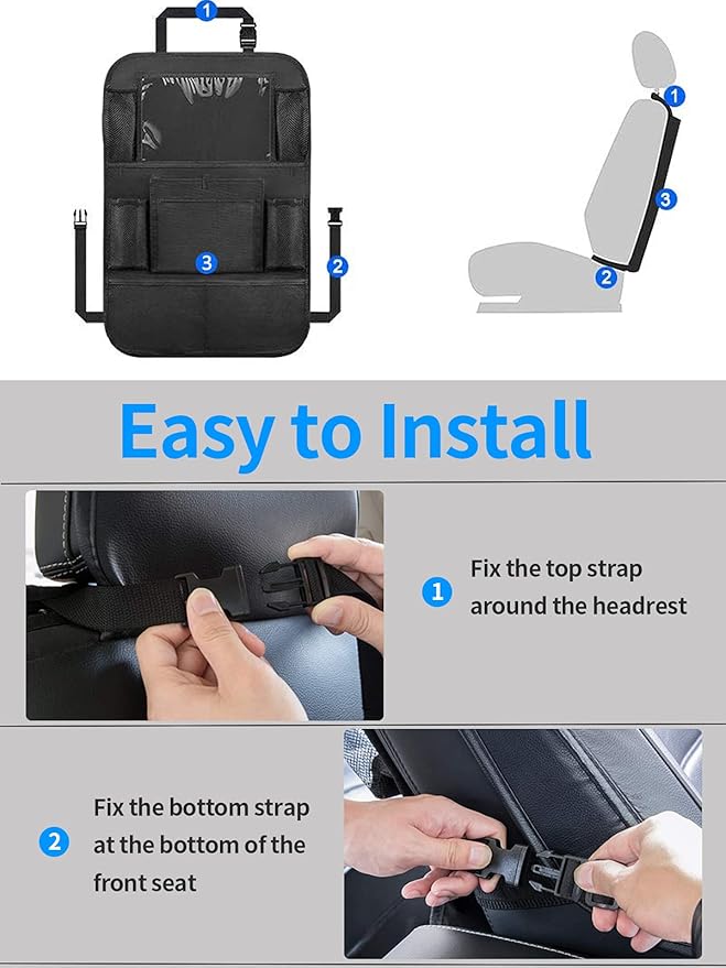 Ecurfu Backseat Car Organizer with 10 Compartments, 10 Inch Tablet Holder, Waterproof Storage Bag for Kids Cars - 600D Oxford Fabric, Black (1PC)