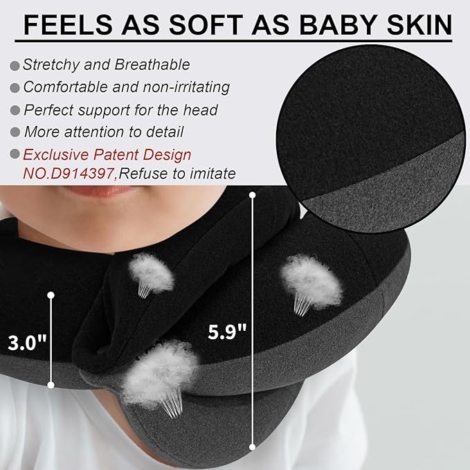 BUYUE Kids Travel Pillows for Airplane, 360° Head Support Sleeping Essentials for Children Long Flight, Skin-Friendly Soft Neck Pillow for Traveling in Car Seat, (Small, Black Grey, 40-90 lbs)