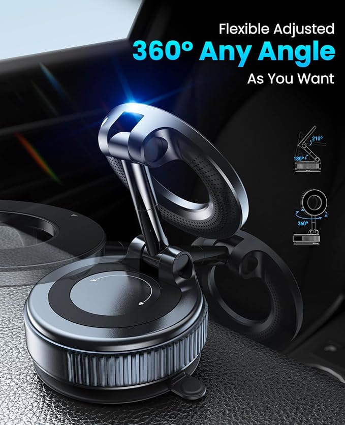 Jononser Magnetic Suction Cup Phone Mount for Magsafe, 360° Adjustable Magnetic Car Phone Holder, Pocket Size Foldable Car Mount, Cell Phone Holders for Your Car for iPhone 17 16 15 14 13 12 Series