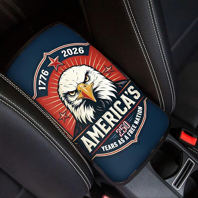 Dreaweet 250th Anniversary Center Console Cover American Bald Eagle Pattern Universal Fit Arm Rest Cover for Car SUV Sedan Scratch Resistant Armrest Cover Center Console Cushion Pad