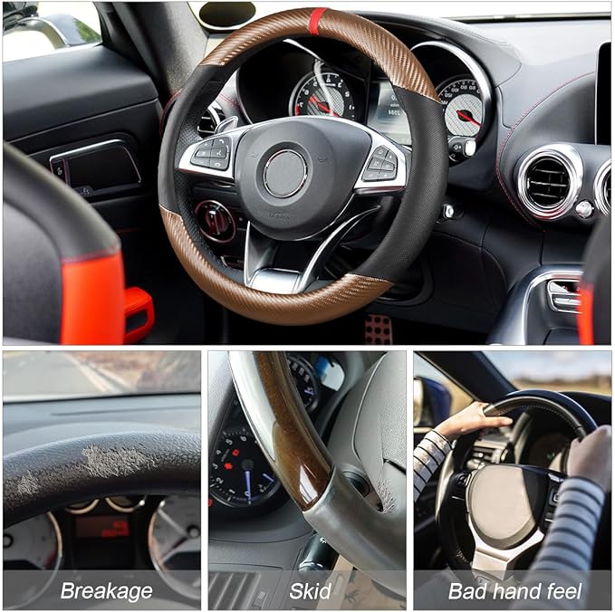 Moly Magnolia Carbon Fiber Steering Wheel Cover, Universal 15 inch Breathable Anti Slip, Fit Most Cars, Trucks, SUV (Carbon Fiber Coffee)