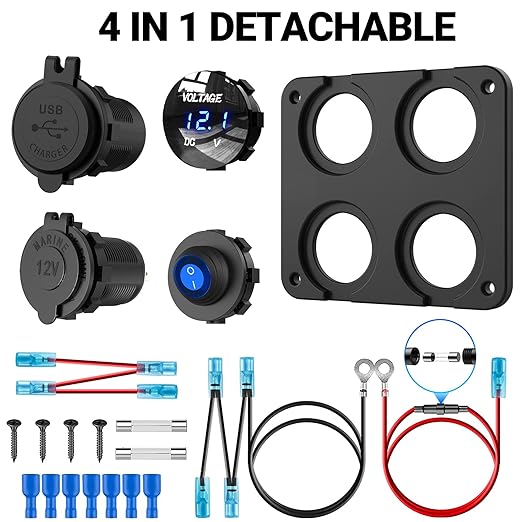 12V USB Outlet Socket Panel: (4 in 1) 58W Dual PD3.0 USB C 12V USB Charger 150W Marine Cigarette Lighter Socket 12v Splitter with Voltmeter Digital Display and Waterproof Rocker Toggle Switch 15A Fuse
