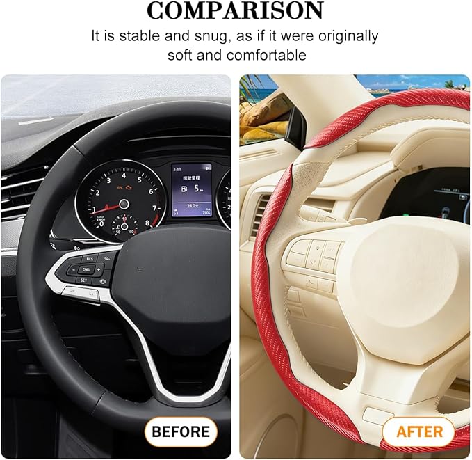 3PCS Carbon Fiber Car Steering Wheel Cover, Leather Segmented Anti-Skid Steering Wheel Protector, Snap on Automotive Interior Protection Accessories, Universal for Vehicles (Red)