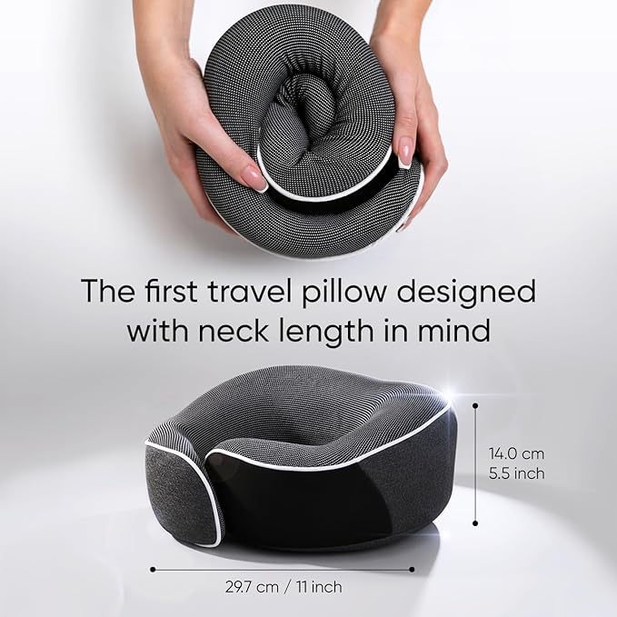Proglobe Travel Neck Pillow 100% Memory Foam – Airplane & Car Travel Essentials Kit with 3D Eye Mask, Earplugs & Mesh Bag – Sleeping Support Pillow for Adults (Dark Grey)