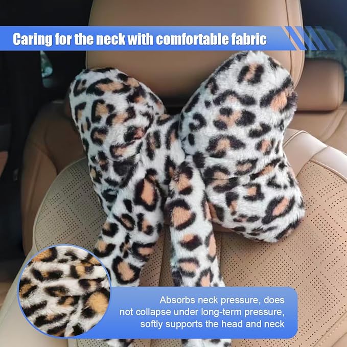 2PCS Cute Bow Car Headrest Pillow, Soft Breathable Leopard Plush Car Neck Support Pillow, Comfortable Warm Ergonomic Auto Interior Head Rest Cushion for Women, Girl (Gray)